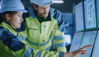 Techniker/ Projektingenieur spricht mit Bediener, der die Produktionslinie der Anlage steuert